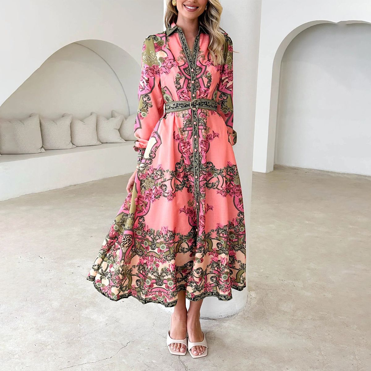 Chic Pink Long Sleeve Maxi Dress