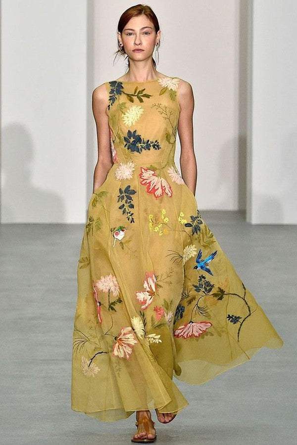 Yellow Floral Print Round Neck Maxi Dress