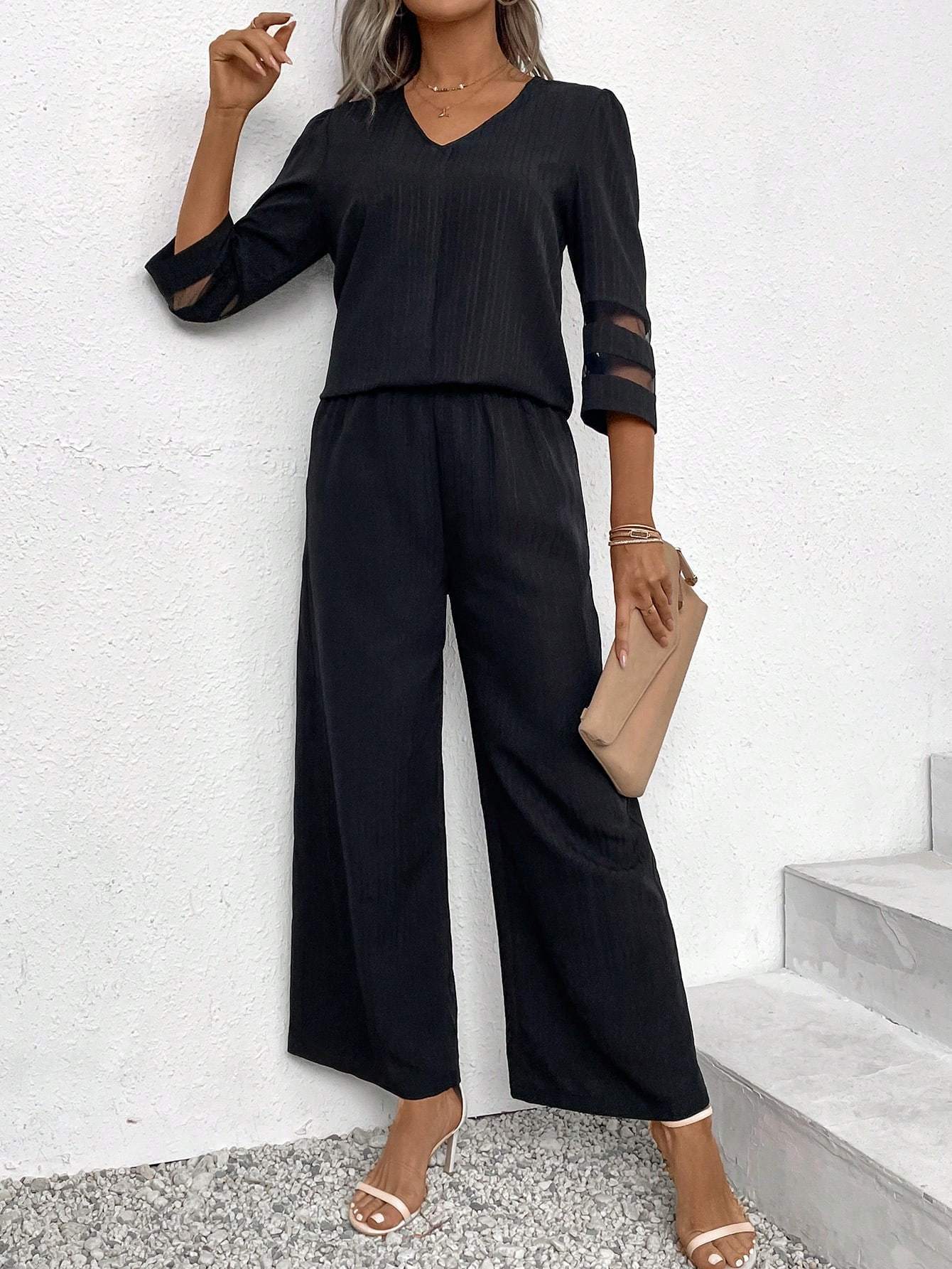 Black Plain 3/4 Sleeve V-Neck Two Piece Set