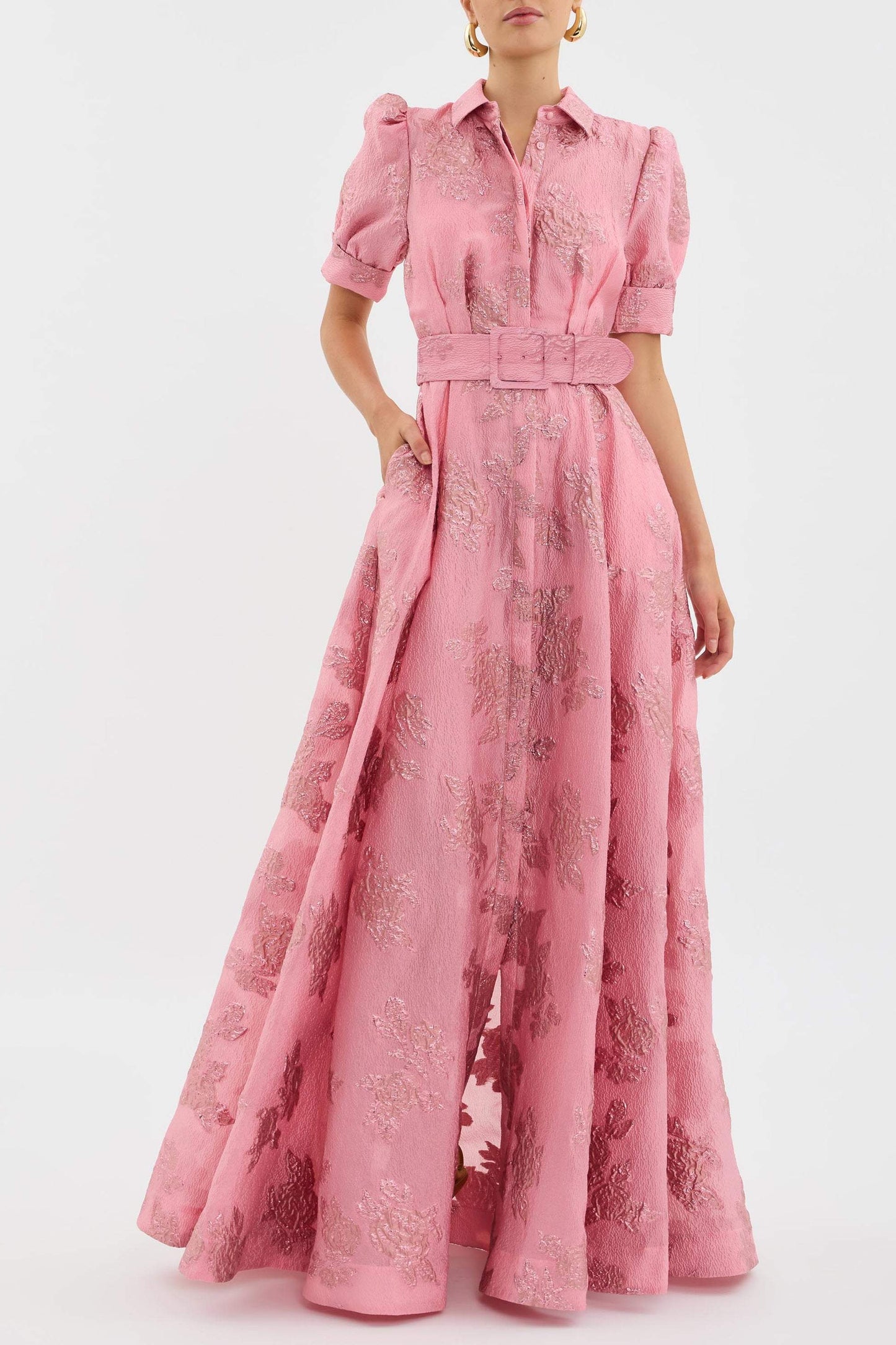 Pink Waist-cinching Button-down Maxi Dress