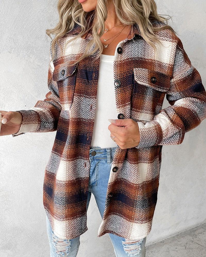 Brown Check Print Collared Long Sleeve Outerwear