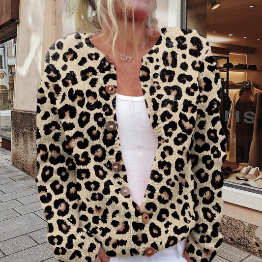 Glitter Leopard Print Pattern Printed Buttoned Cardigan Sweater