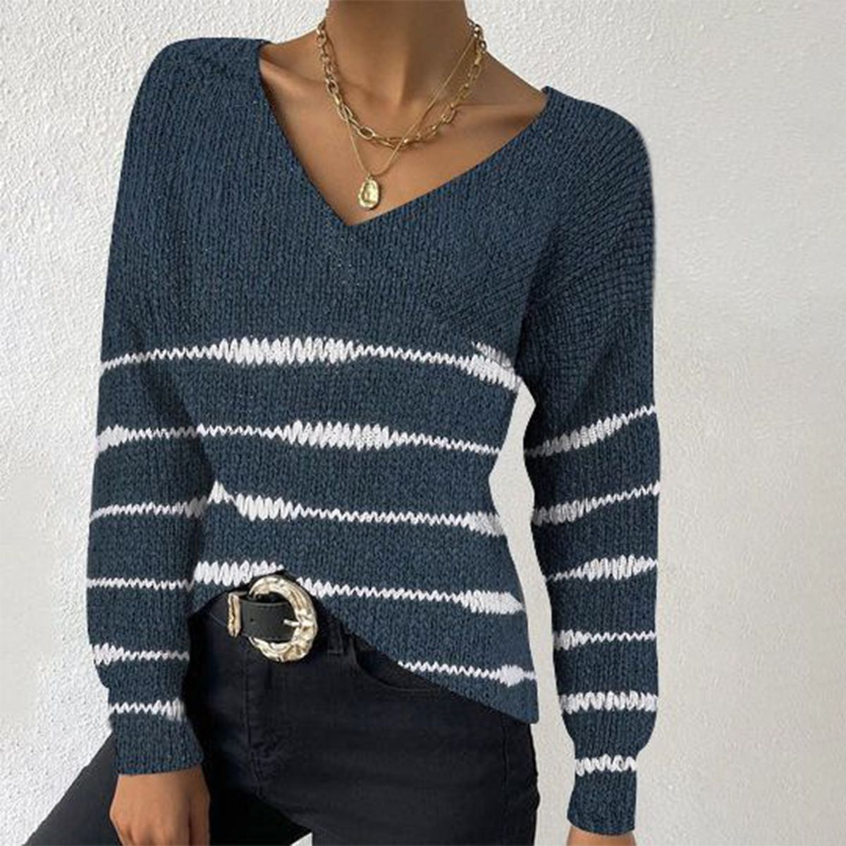 Navy Striped Print V-Neck Sweater