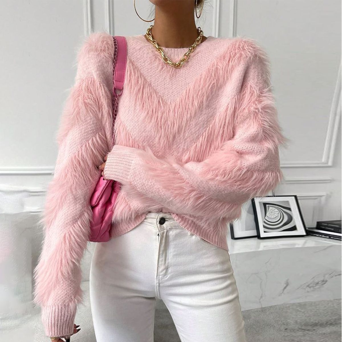 Pink Plain Round Neck Sweater