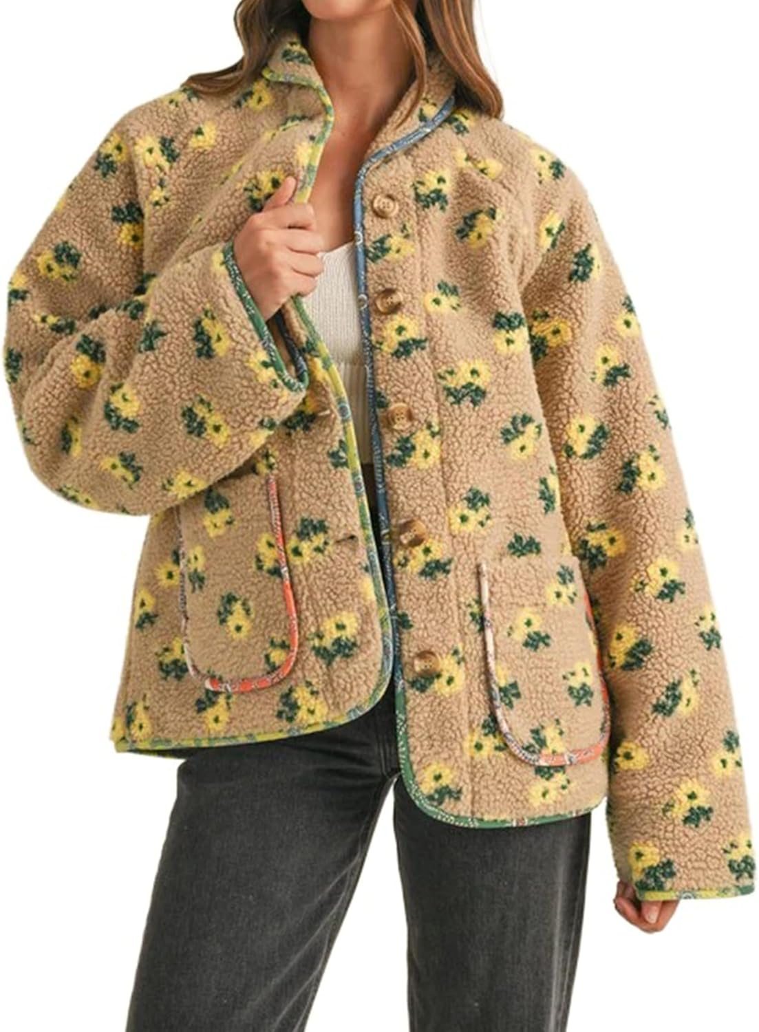 Trendy Floral Print Fleece Button Jackets