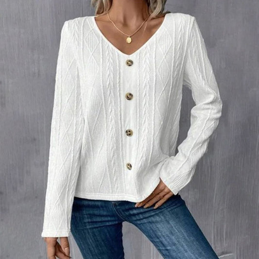 White Plain V-Neck Long Sleeve Top