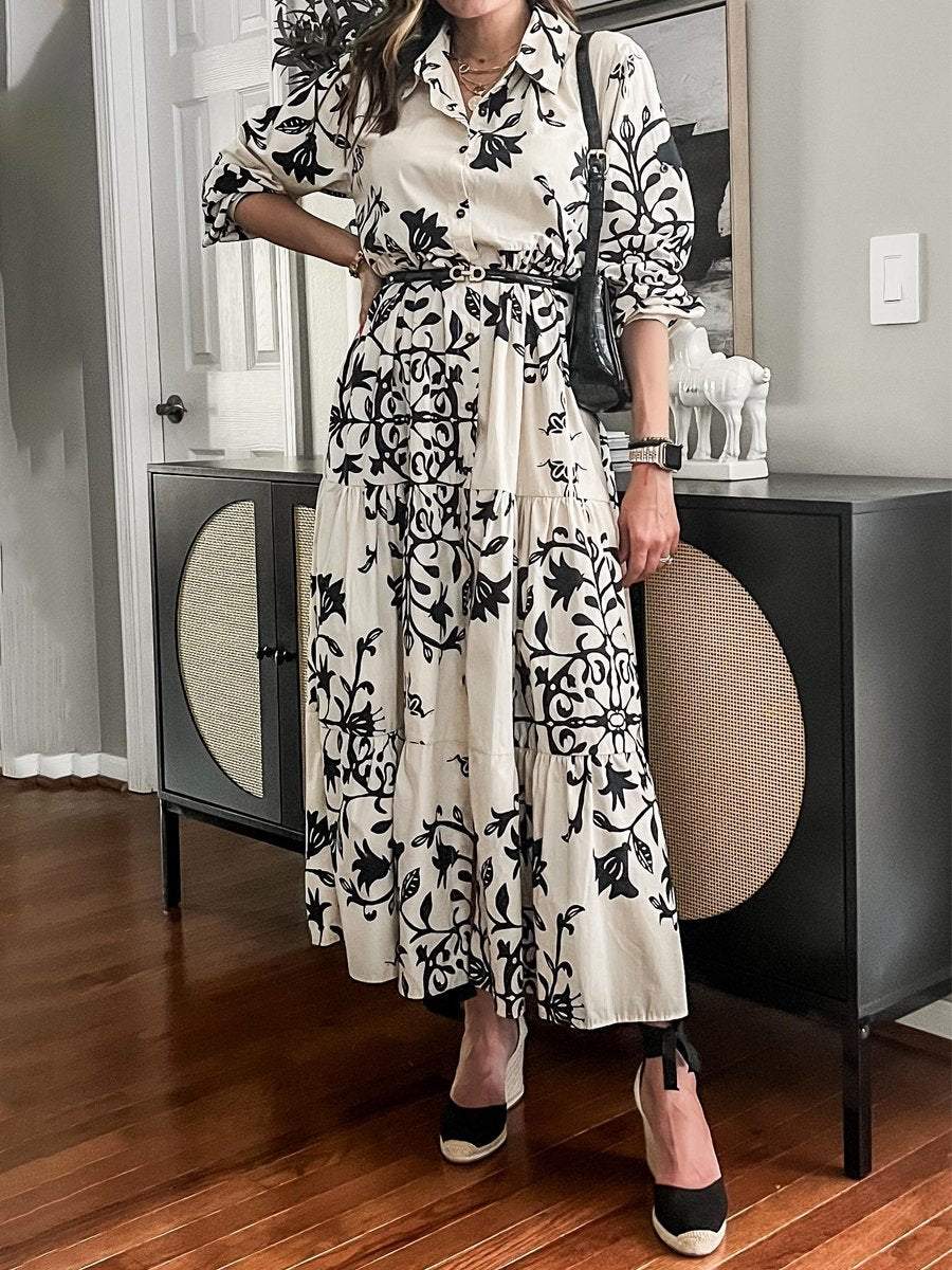 Stylish Collared Printed Long Sleeve Maxi Dress