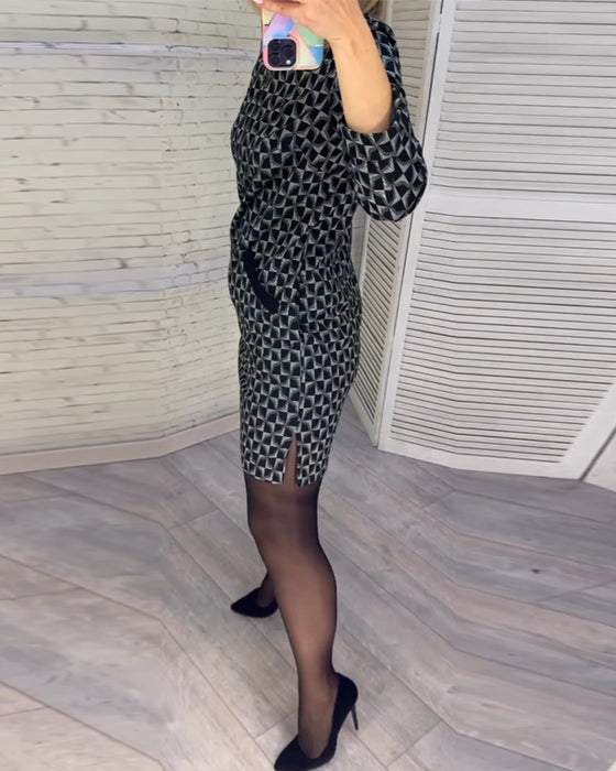 Diamond Print Long Sleeves Dress