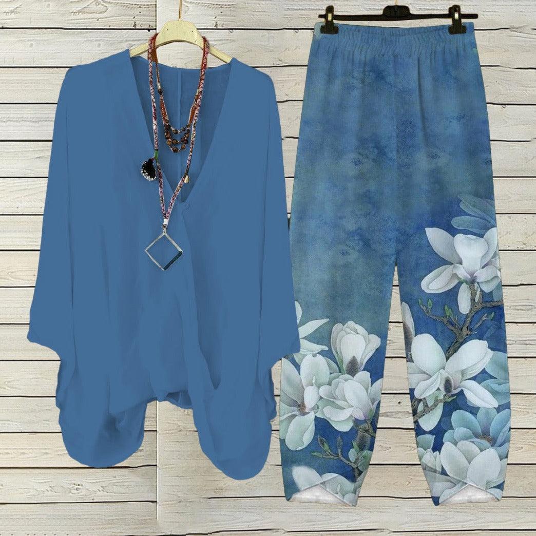 Youthful Blue Floral Print Two Piece Set