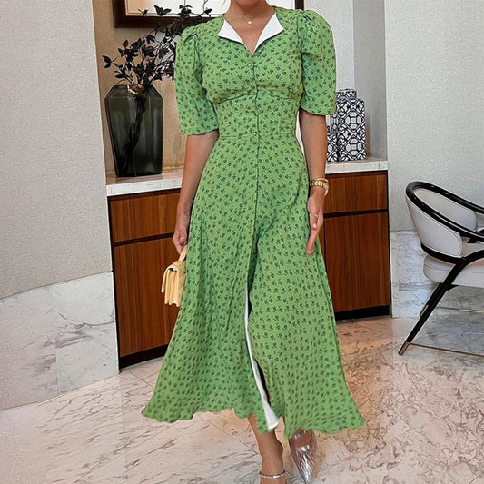 Green Short Sleeve Buttoned Maxi Dress