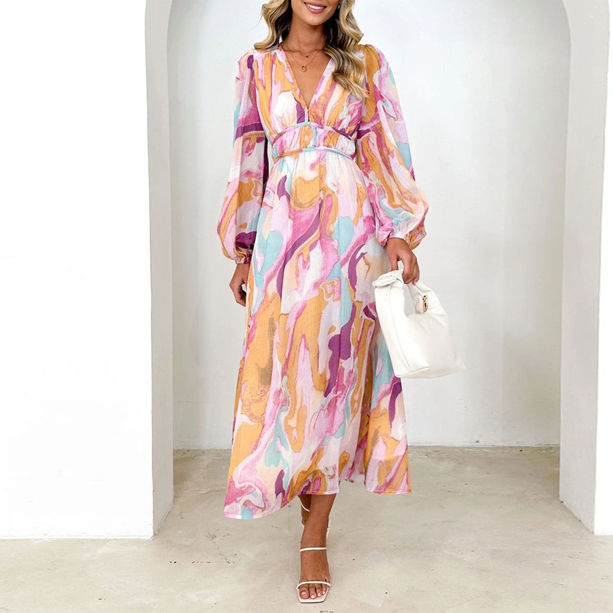 Chic Multicolor Long Sleeve Maxi Dress