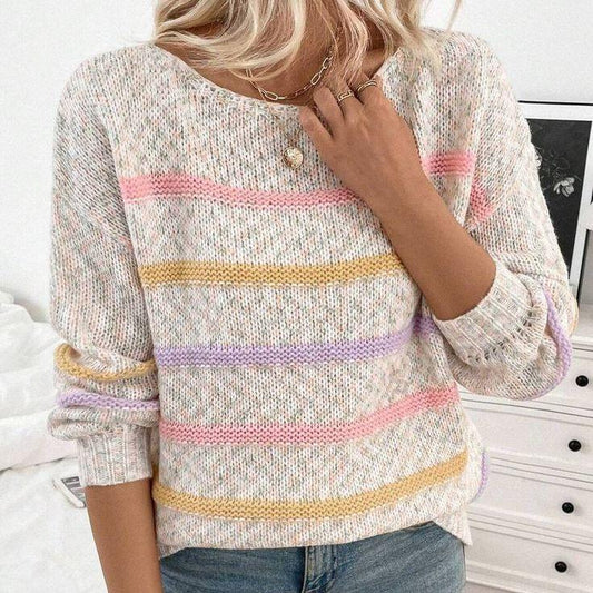 Khaki Striped Round Neck Sweater