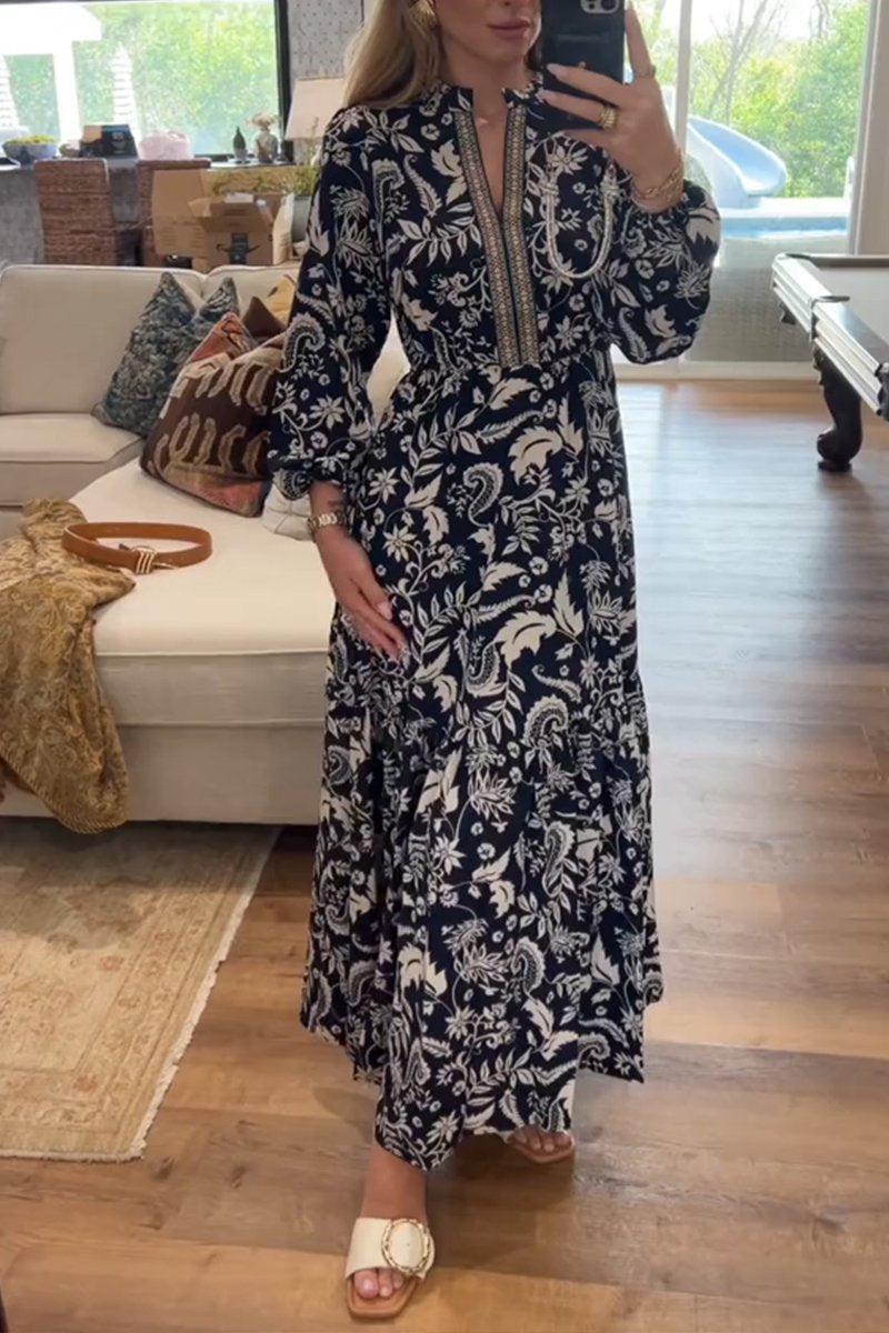 Dreamy Navy V-Neck Long Sleeve Maxi Dress