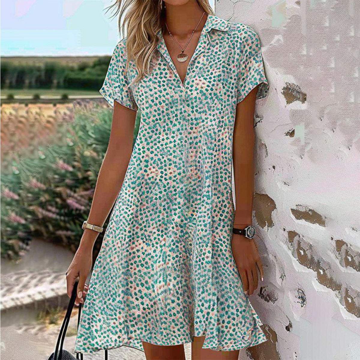 Trendy V-Neck Short Sleeve Mini Dress