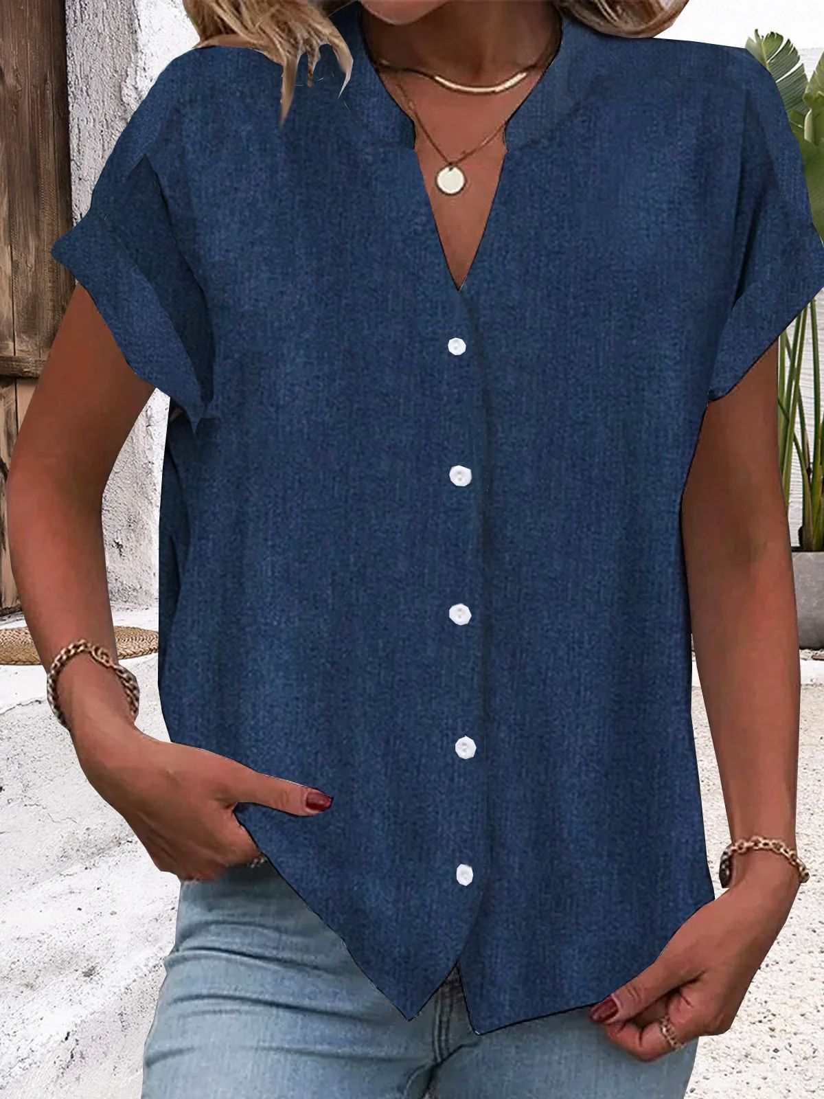 Navy Plain Short Sleeve Top