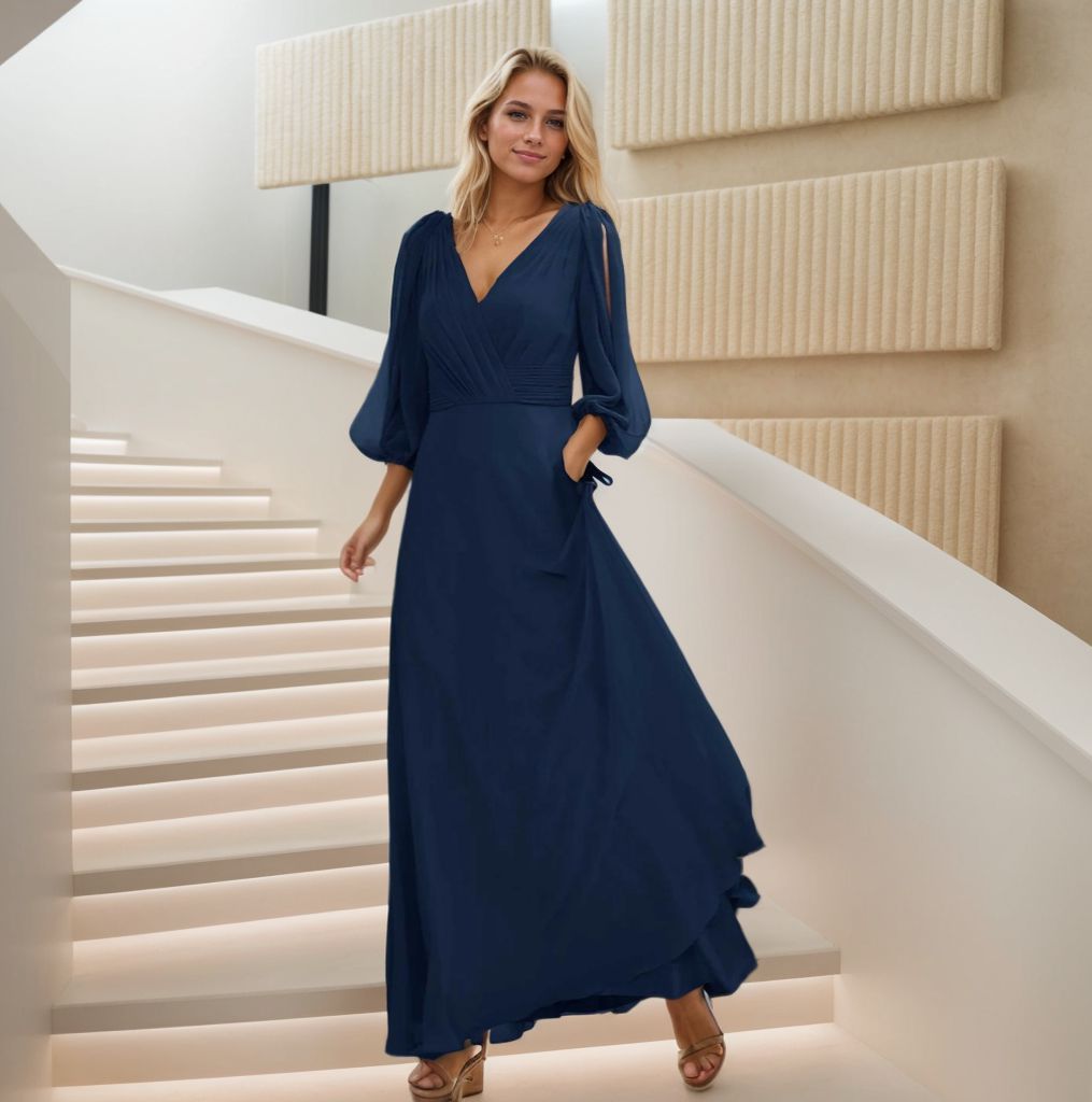 Robe longue unie bleue à manches 3/4 