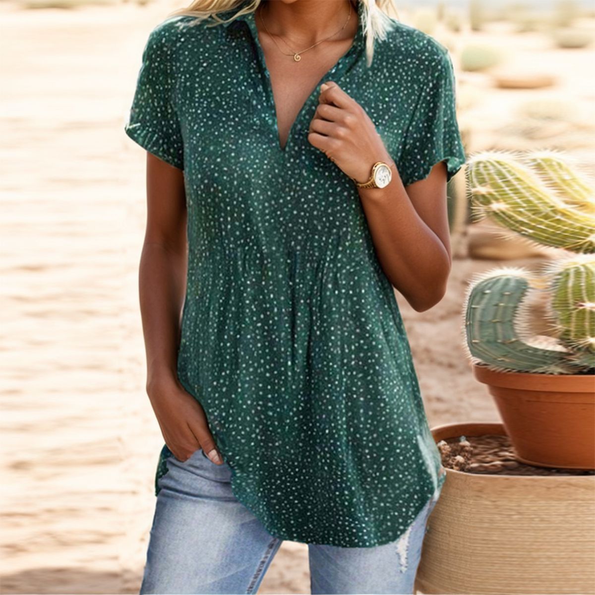 Green Short Sleeve V-Neck Top