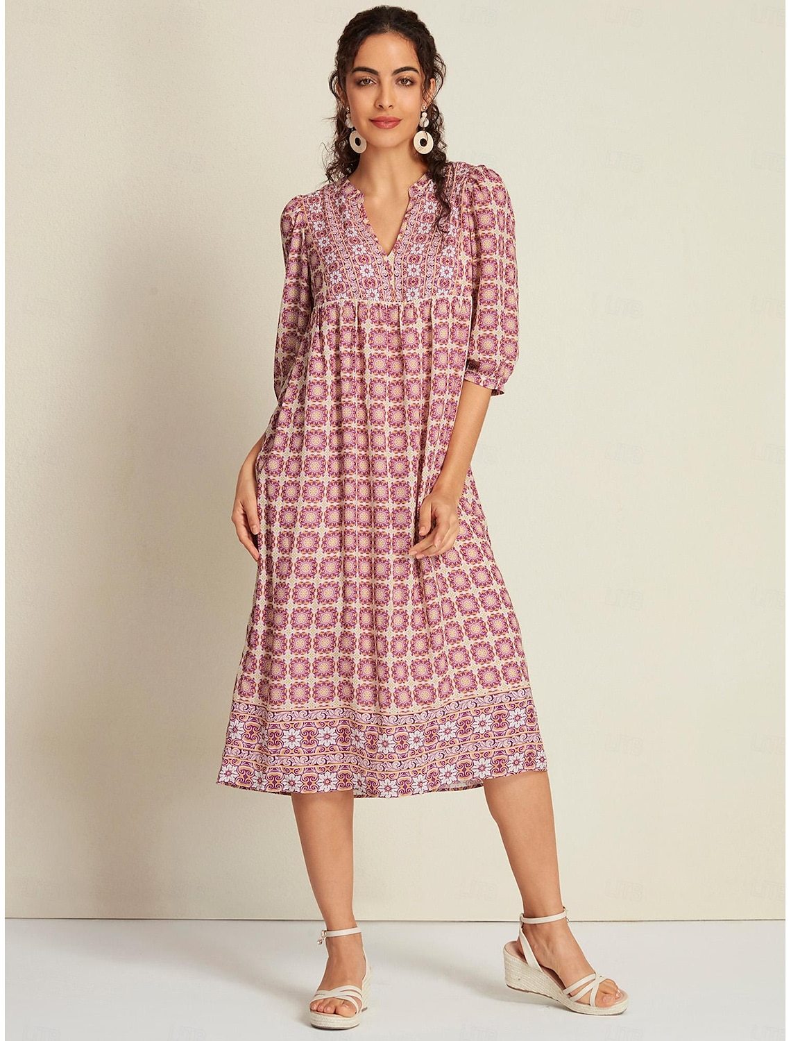 Chiffon Ethnic Floral Print V Neck Midi Dress