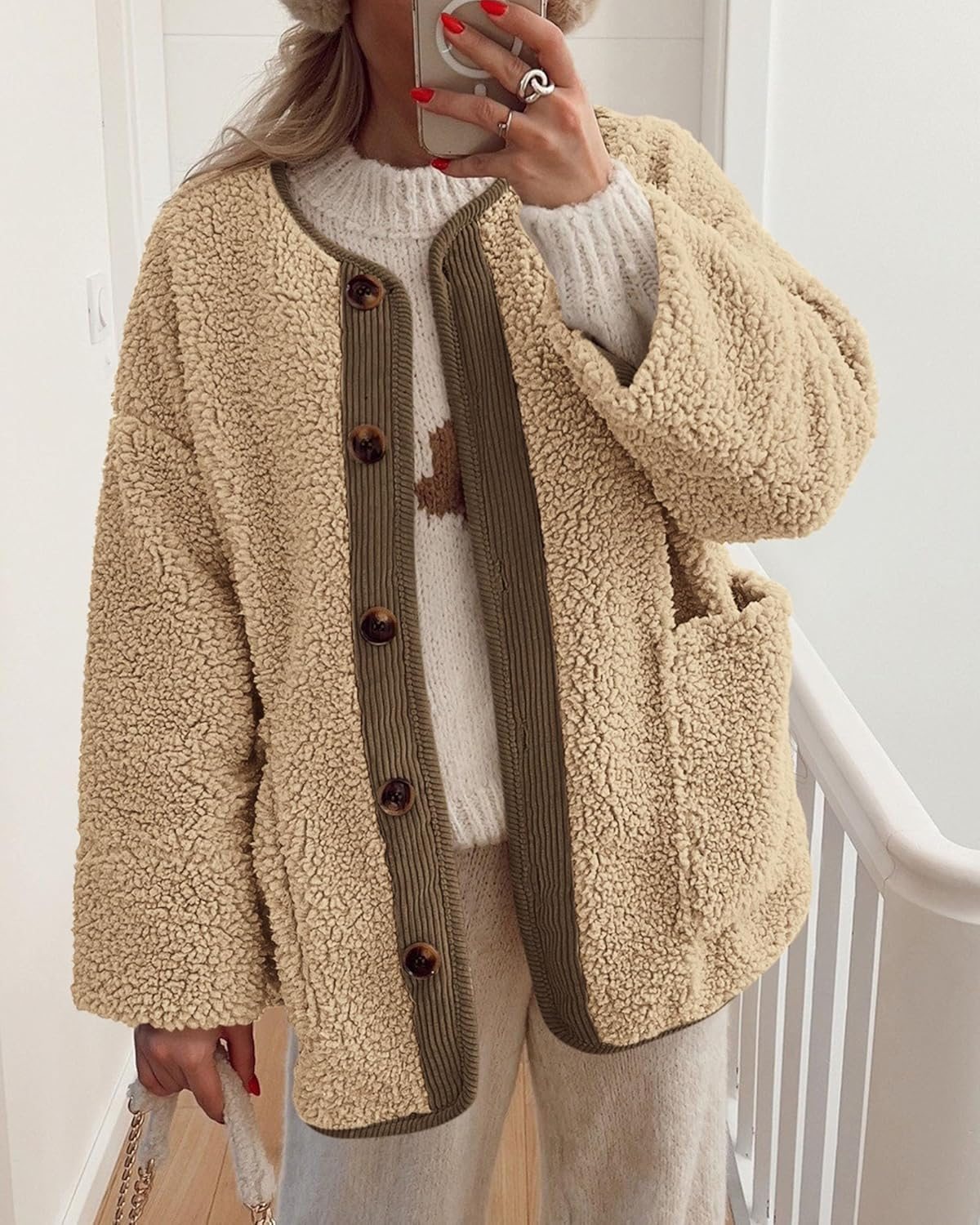 Casual Fuzzy Fleece Long Sleeve Button Jacket