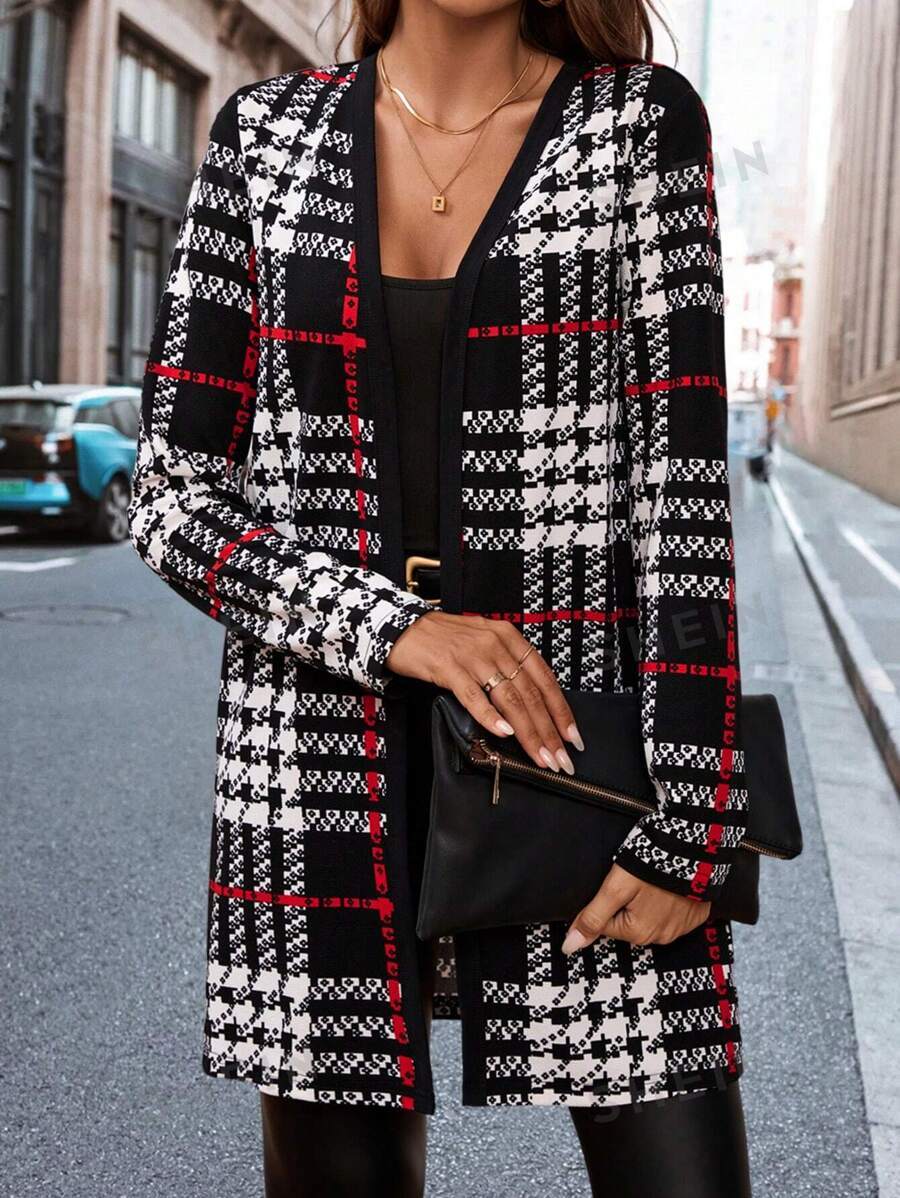 Black and White Plaid Long Sleeve Outerwear