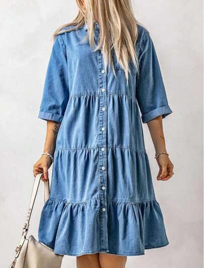 Blue Collared 3/4 Sleeve Denim Mini Dress