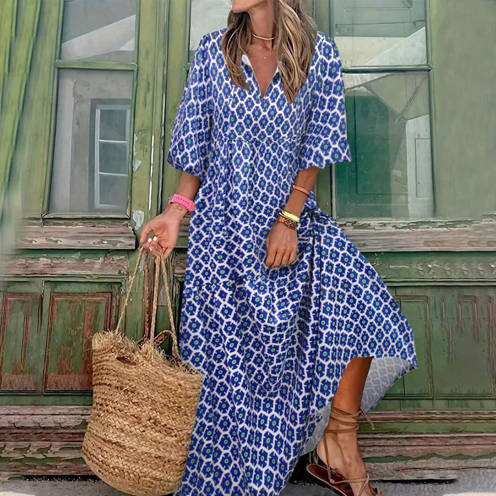 Fresh V-Neck 3/4 Sleeve Maxi Dress