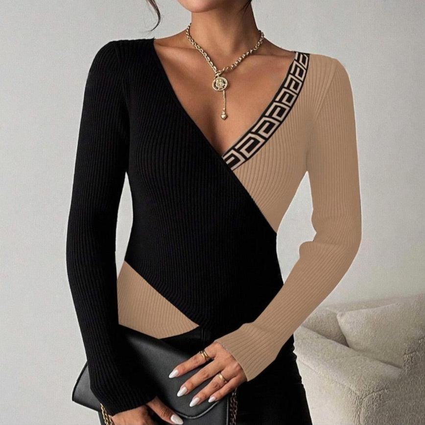 Brown Color Block Long Sleeve Sweater