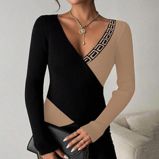 Brown Color Block Long Sleeve Sweater