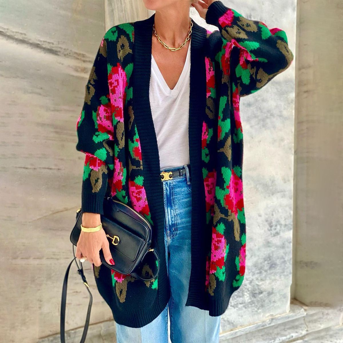 Elegant Floral Print Collarless Cardigan