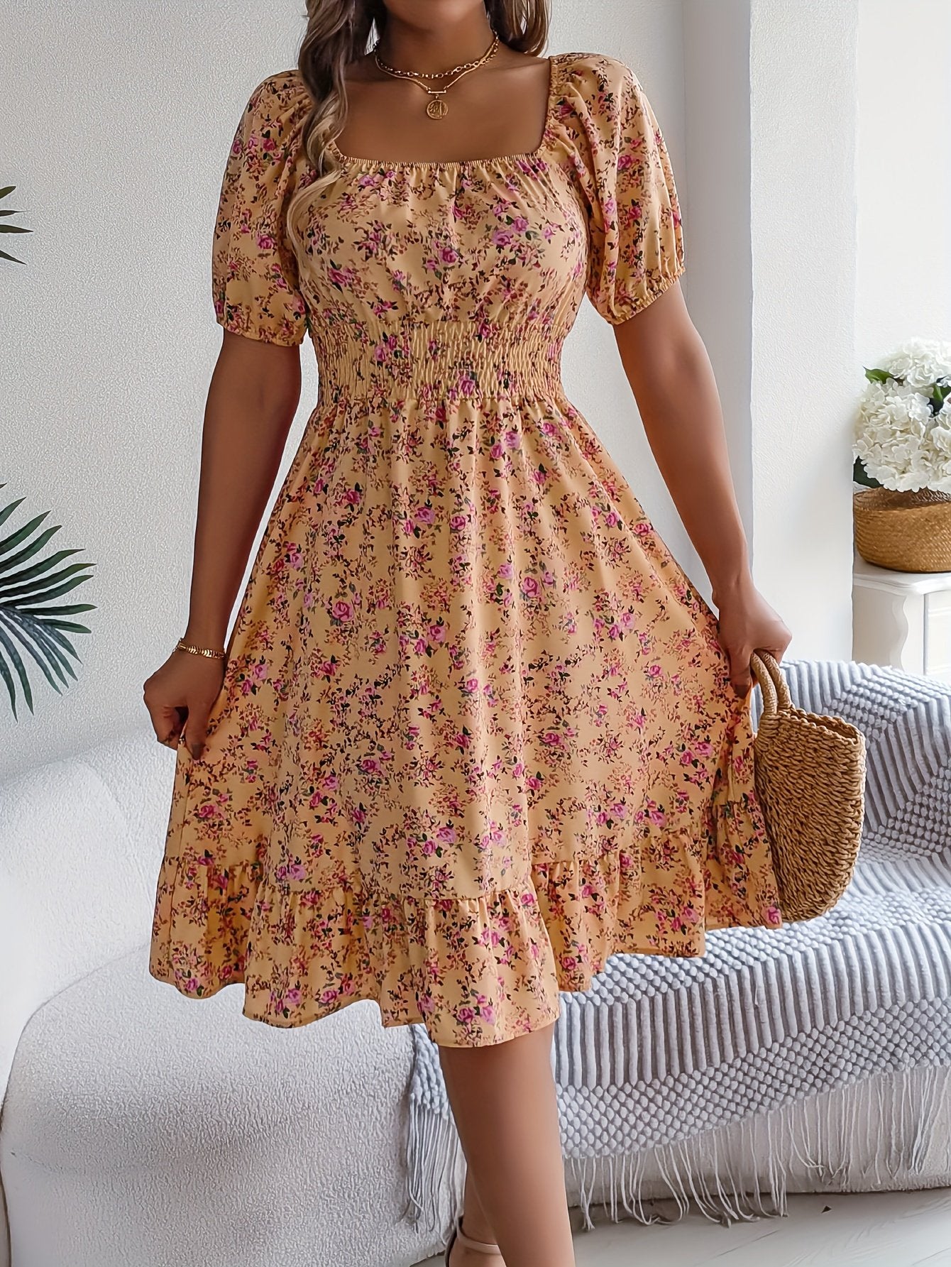 Floral Print Square Neck Midi Dress