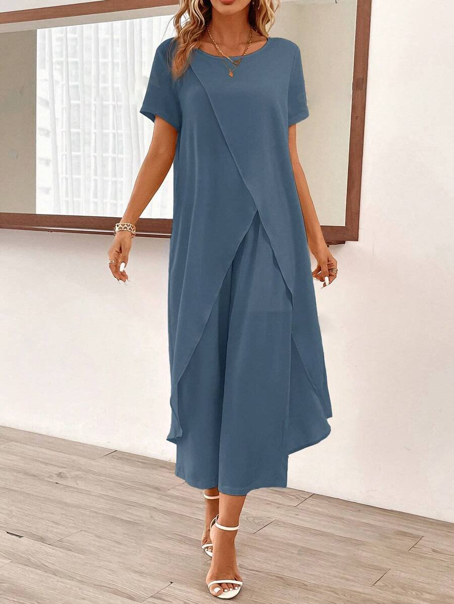 Blue Round Neck Two Piece Set