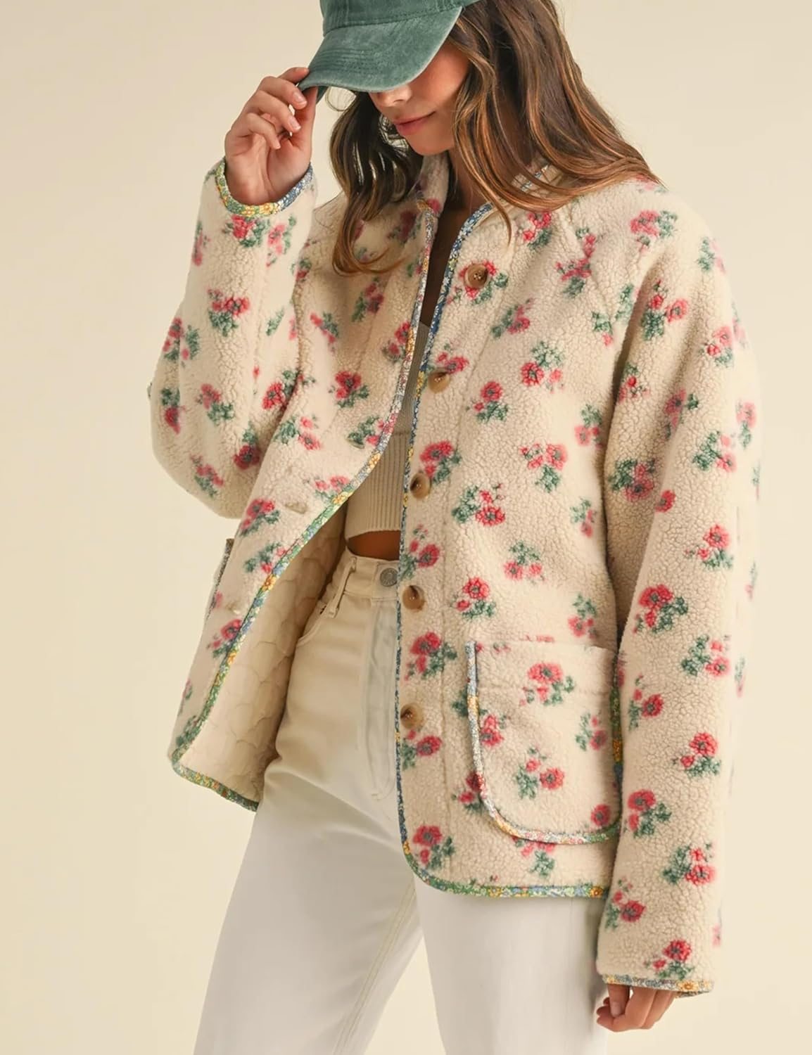 Trendy Floral Print Fleece Button Jackets