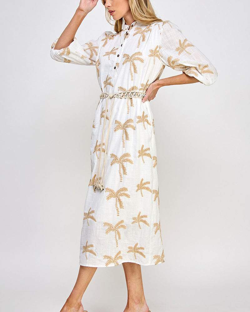 Palms Embroidered Belt Midi Dress