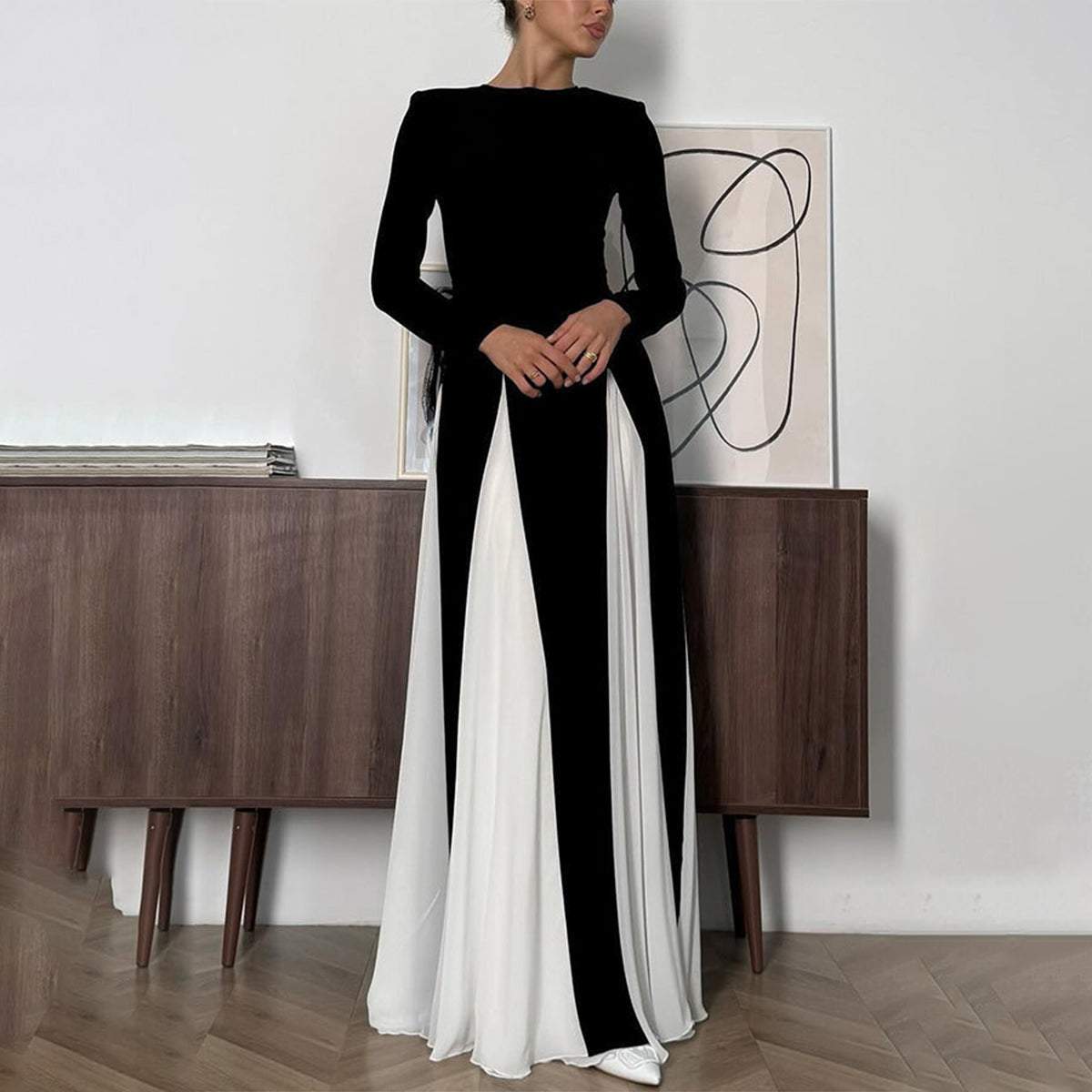 Robe longue à blocs de couleurs noir et blanc 