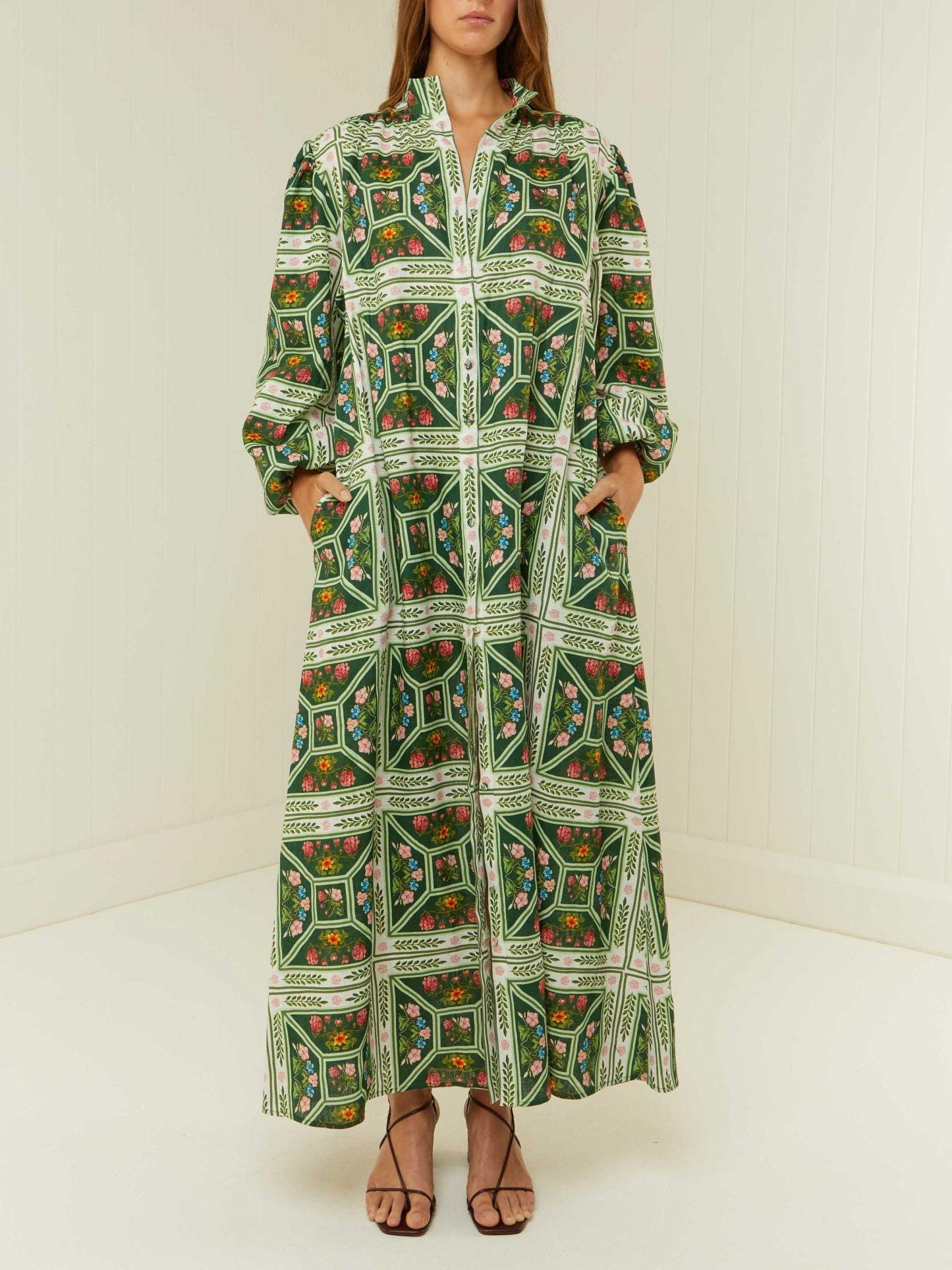 Green Long Sleeve Collared Maxi Dress