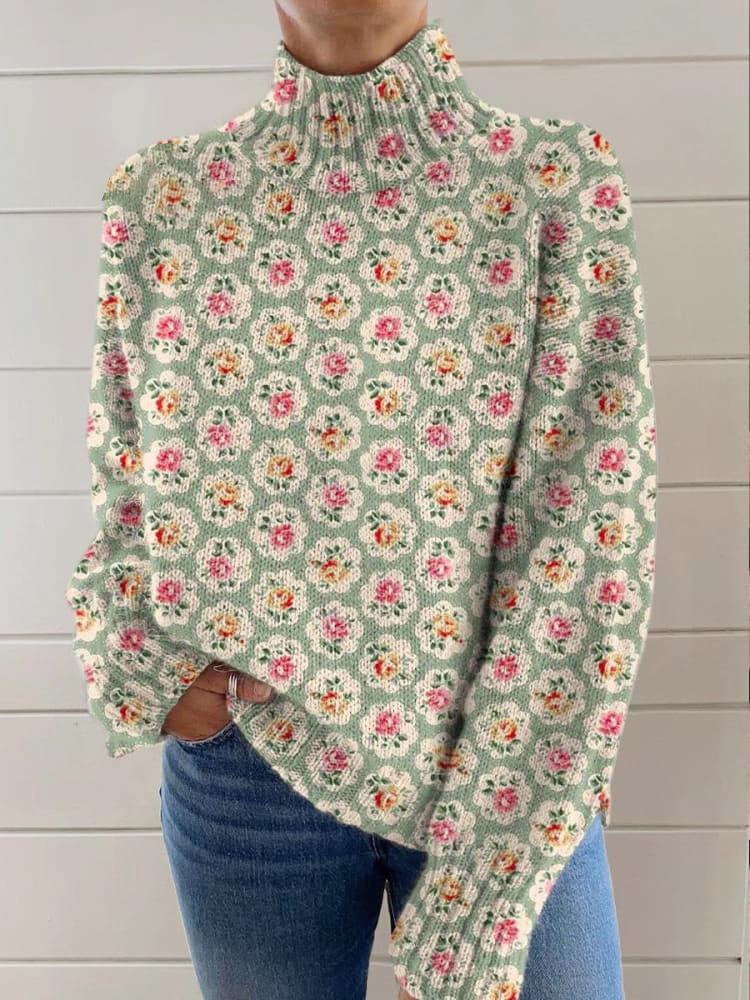 Women's Lovely Floral Art Print Knit High Neck Sweater