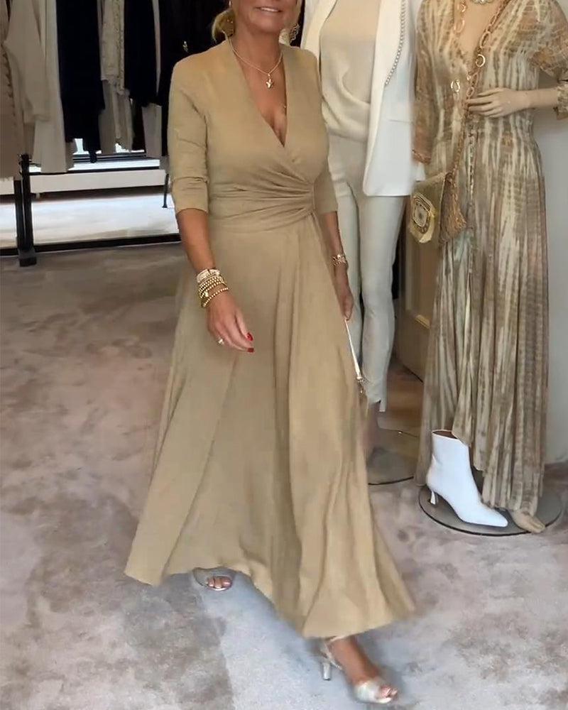 Gold Plain V-Neck Long Sleeve Maxi Dress