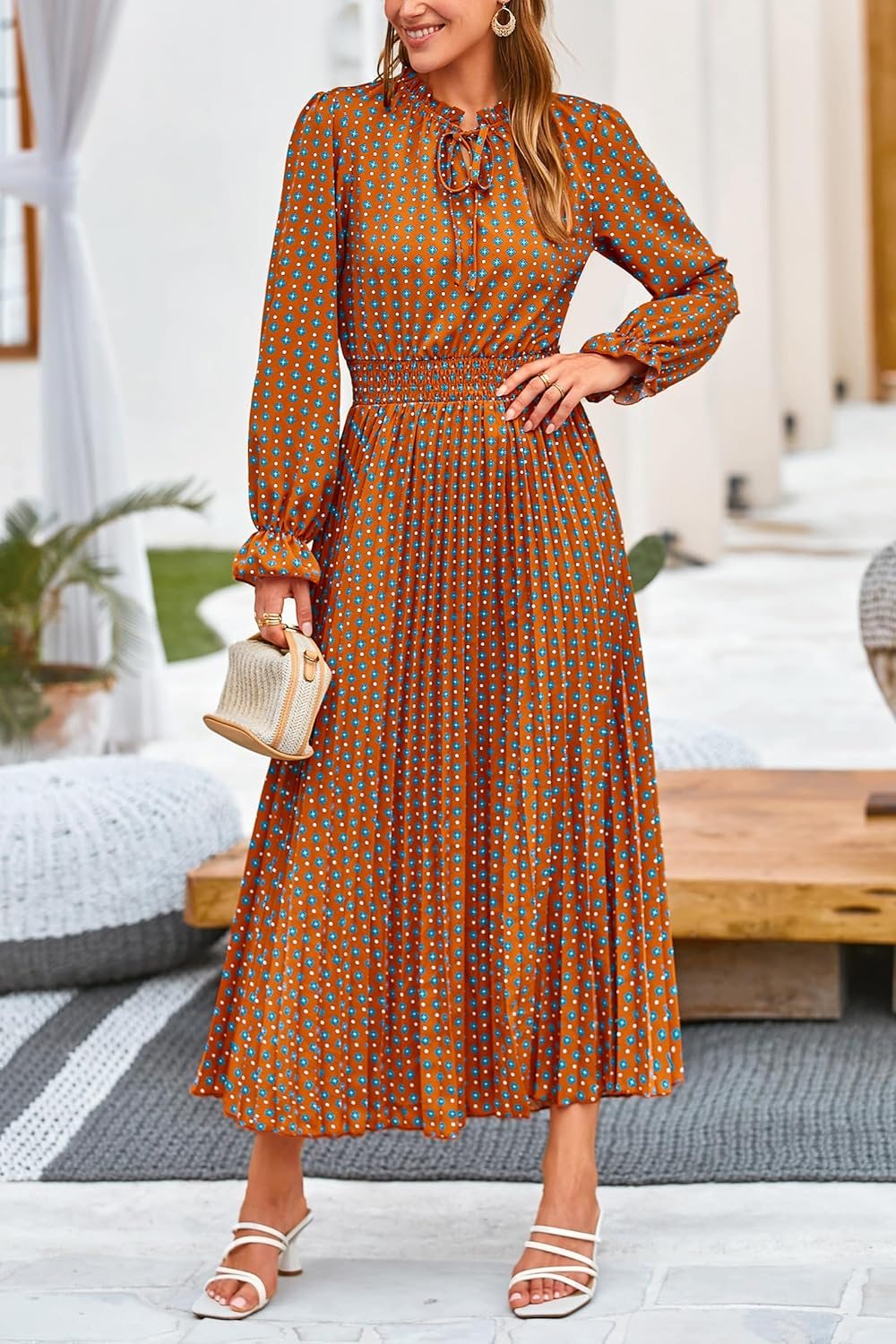 Casual Long Sleeve V Neck Dot Pleated Midi Dress