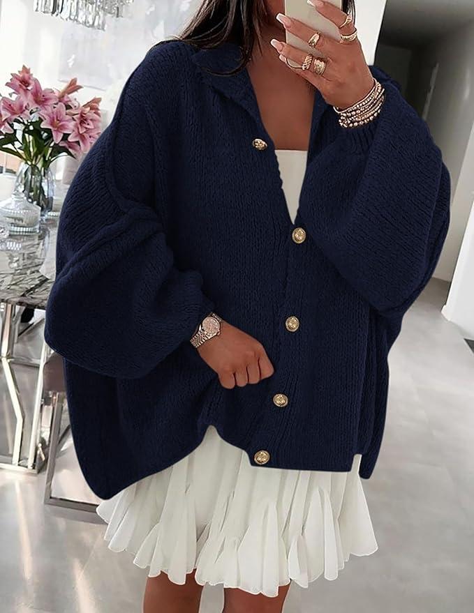 Trendy Mock Neck Lantern Long Sleeve Chunky Knit Cardigan Jacket