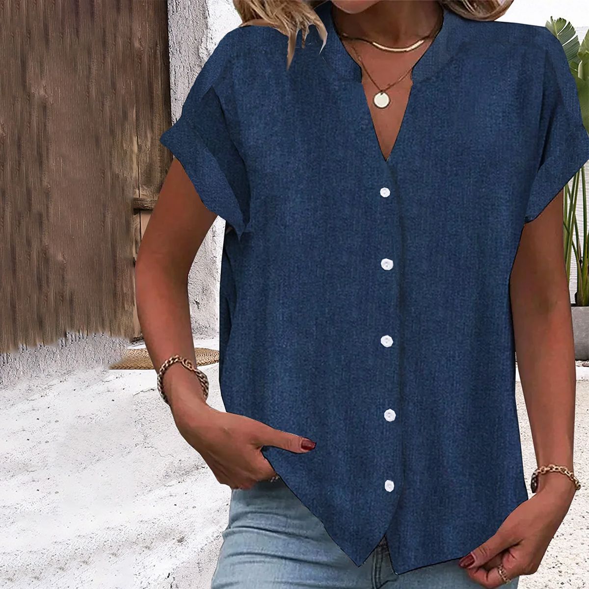 Navy Plain Short Sleeve Top