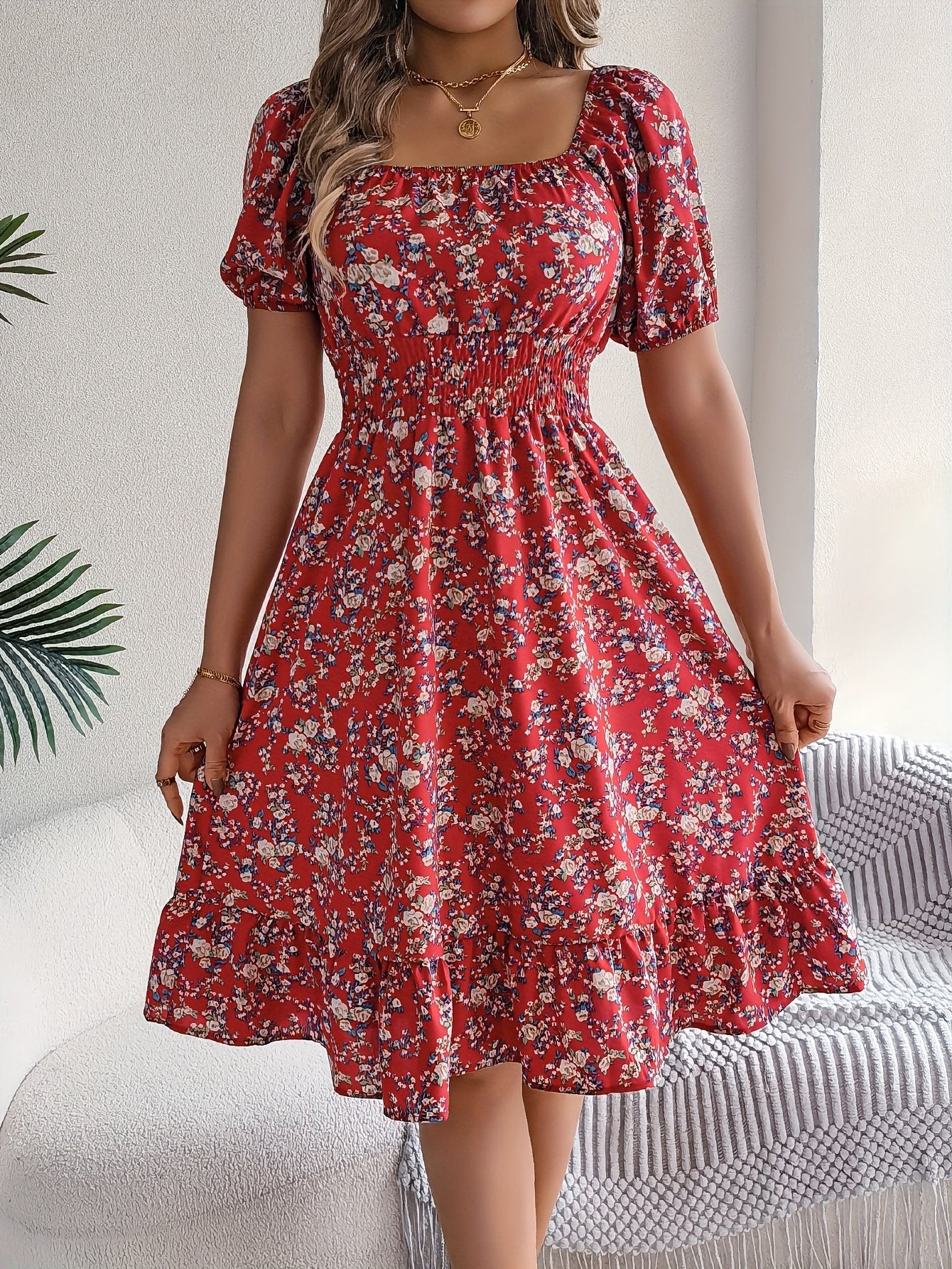 Floral Print Square Neck Midi Dress