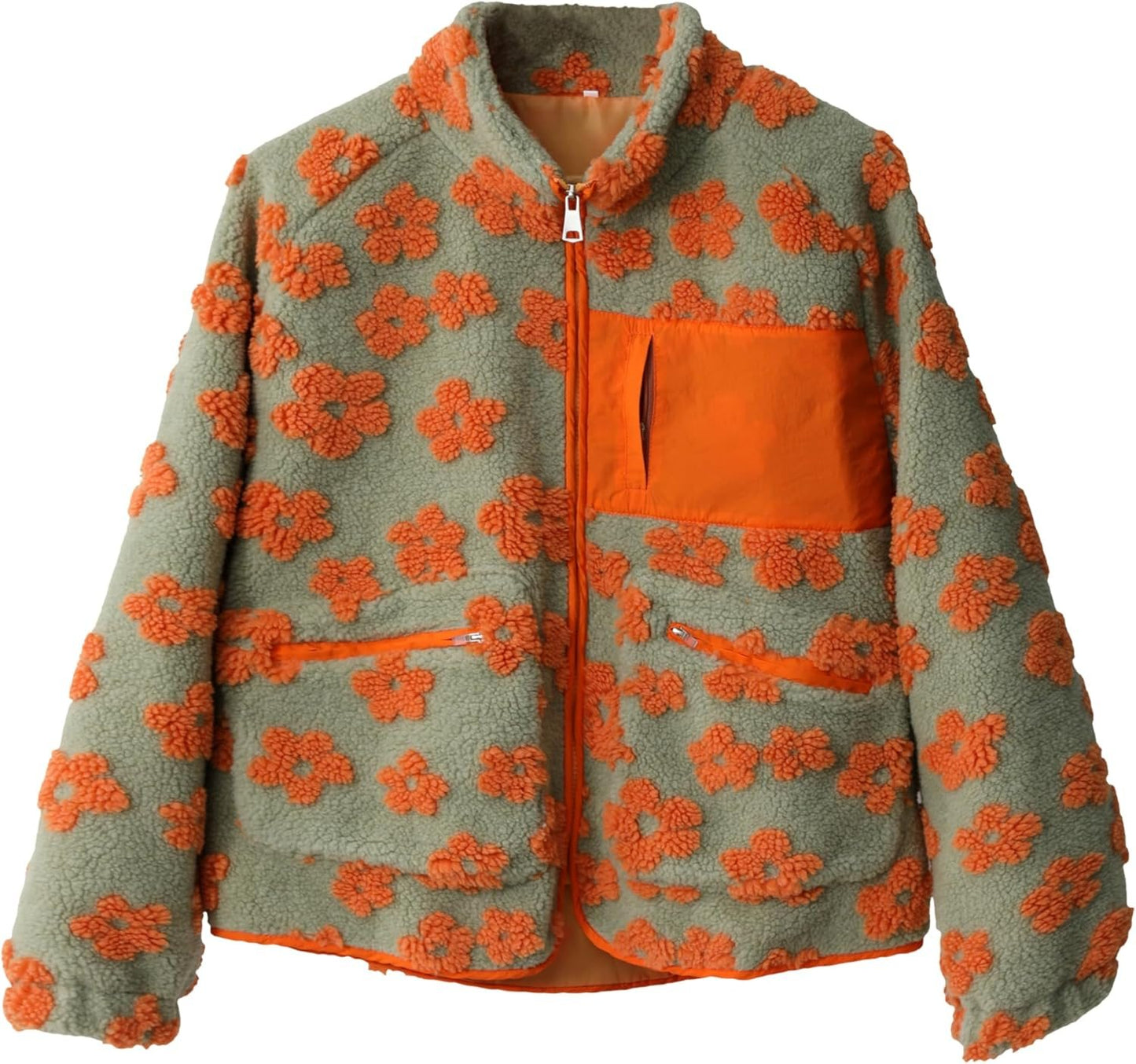 Trendy Stand Collar Zip-Up Fleece Floral Jacket