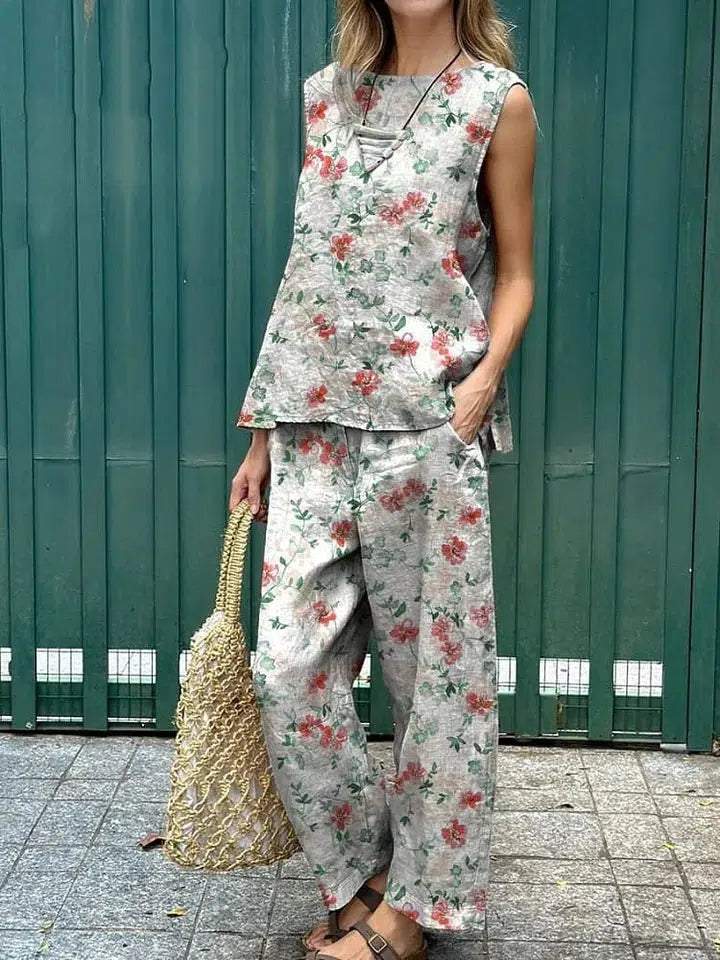 Popular Floral Print Sleeveless Two Piece Set