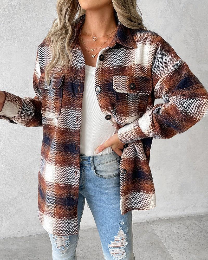 Brown Check Print Collared Long Sleeve Outerwear