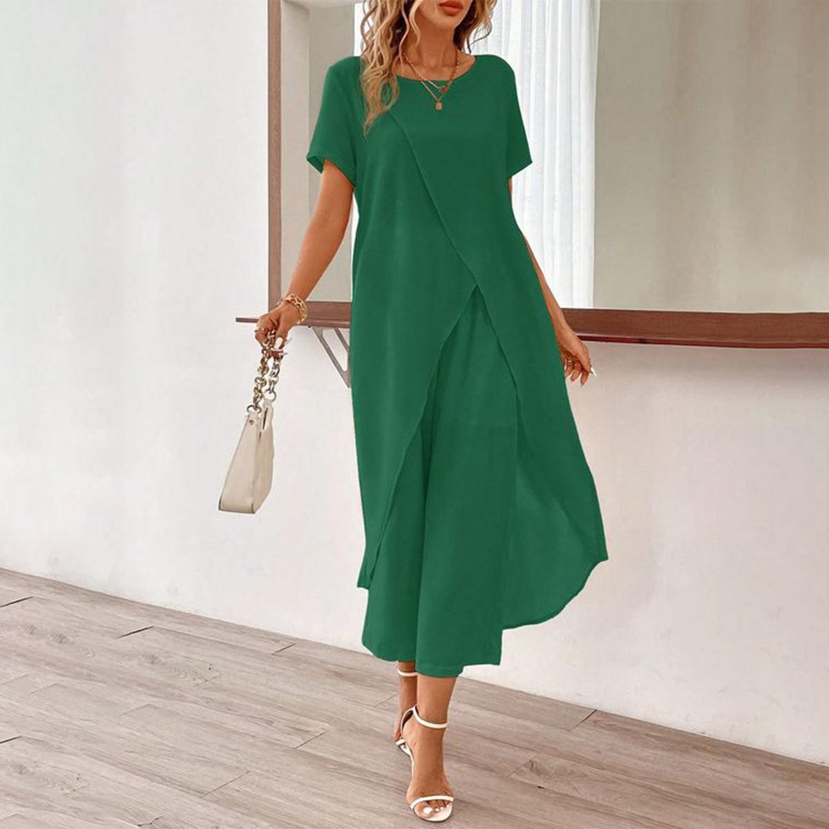 Green Round Neck Plain Two Piece Set