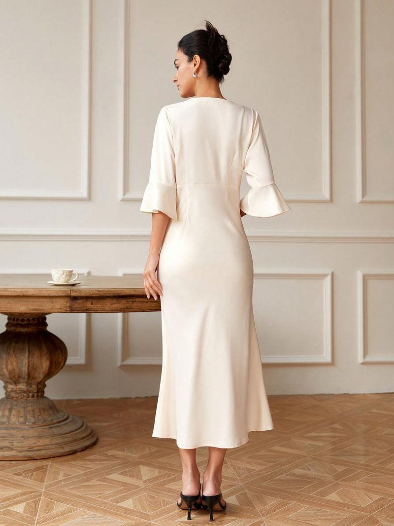 Vintage Plain V-Neck Long Sleeve Maxi Dress