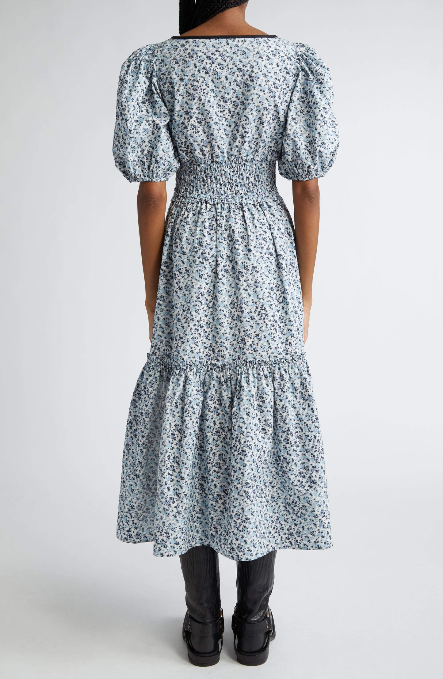 Puff Sleeves Printed V-Neck Maxi Dress