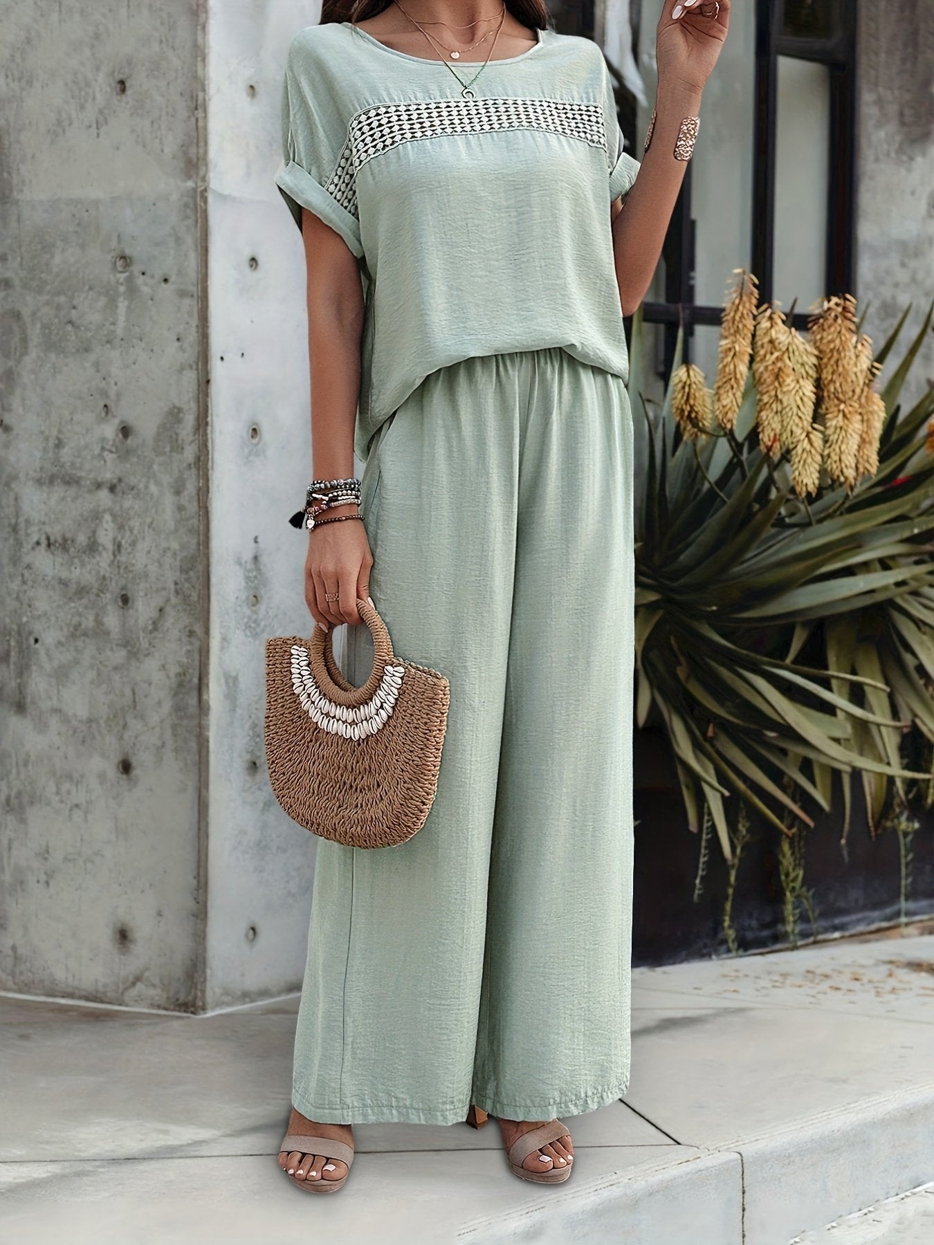 Simple Green Round Neck Two Piece Set