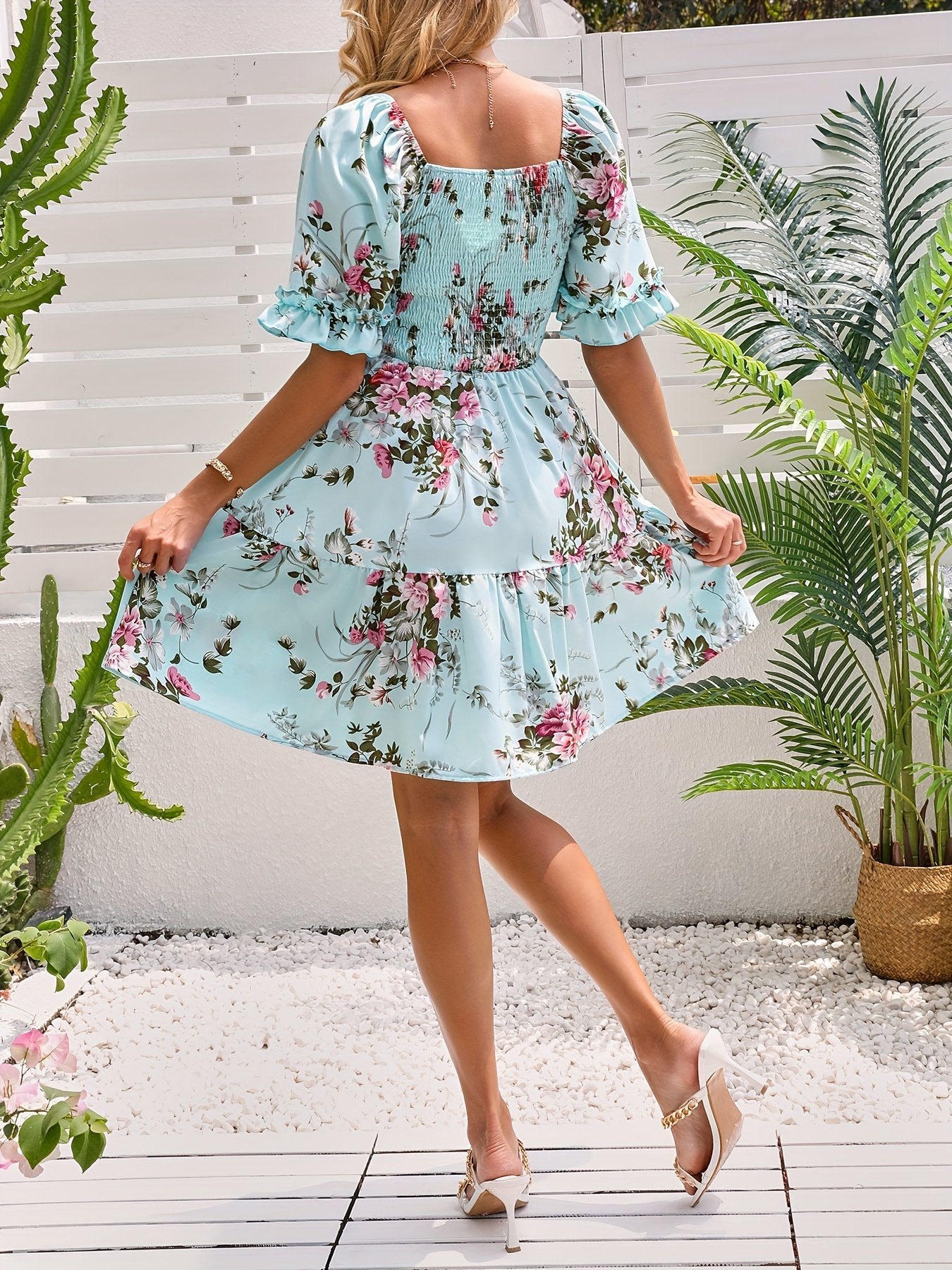 Pink Charming Floral Print Short Sleeve Mini Dress