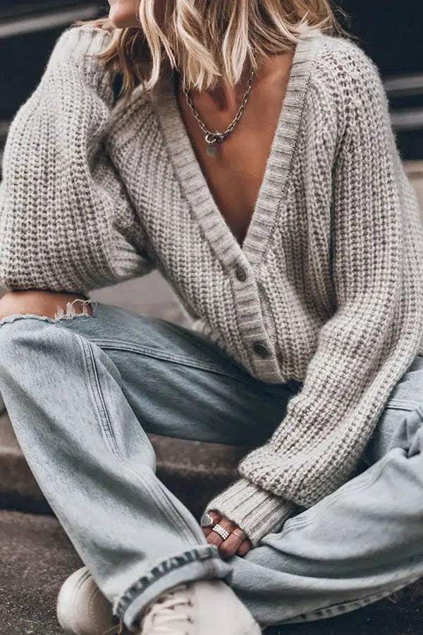 Grey Plain V-Neck Long Sleeve Sweater